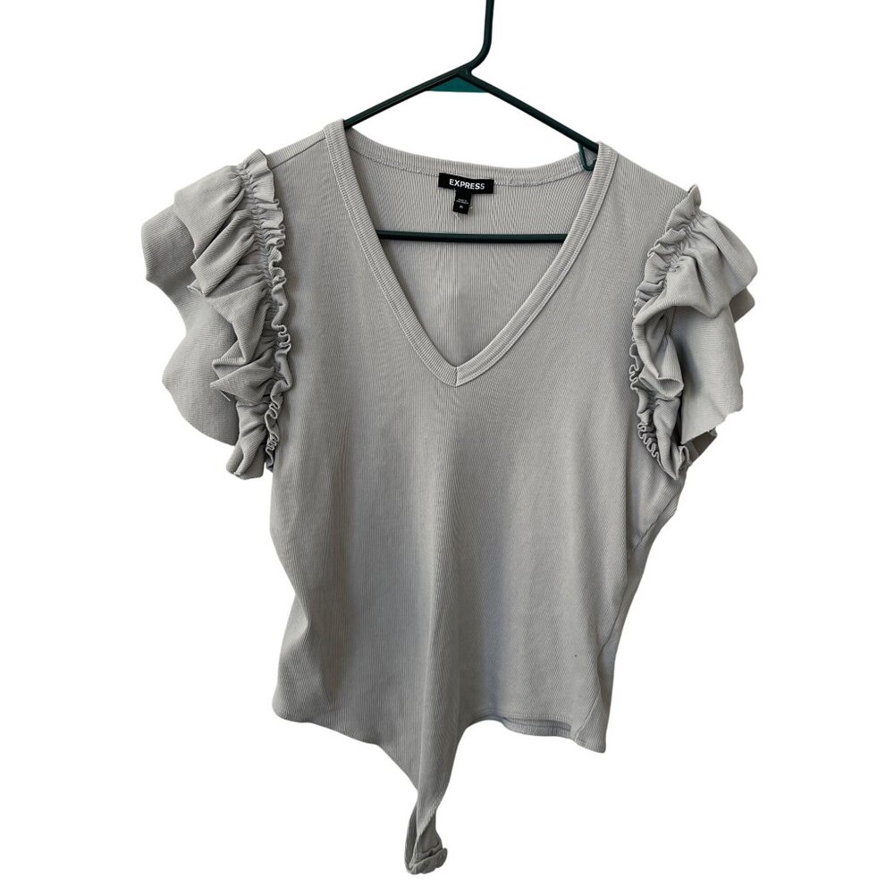Express Ribbed V Neck Ruffle Sleeve Bodysuit Womens XL One Piece Gray Minimalist